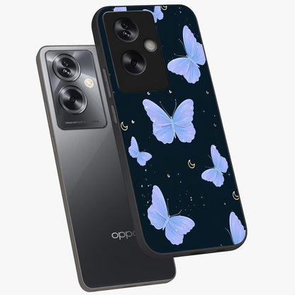 Butterfly With Stars Pattern Glass Case displayed in angled mockup highlighting dreamy butterfly and star design with aesthetic theme.