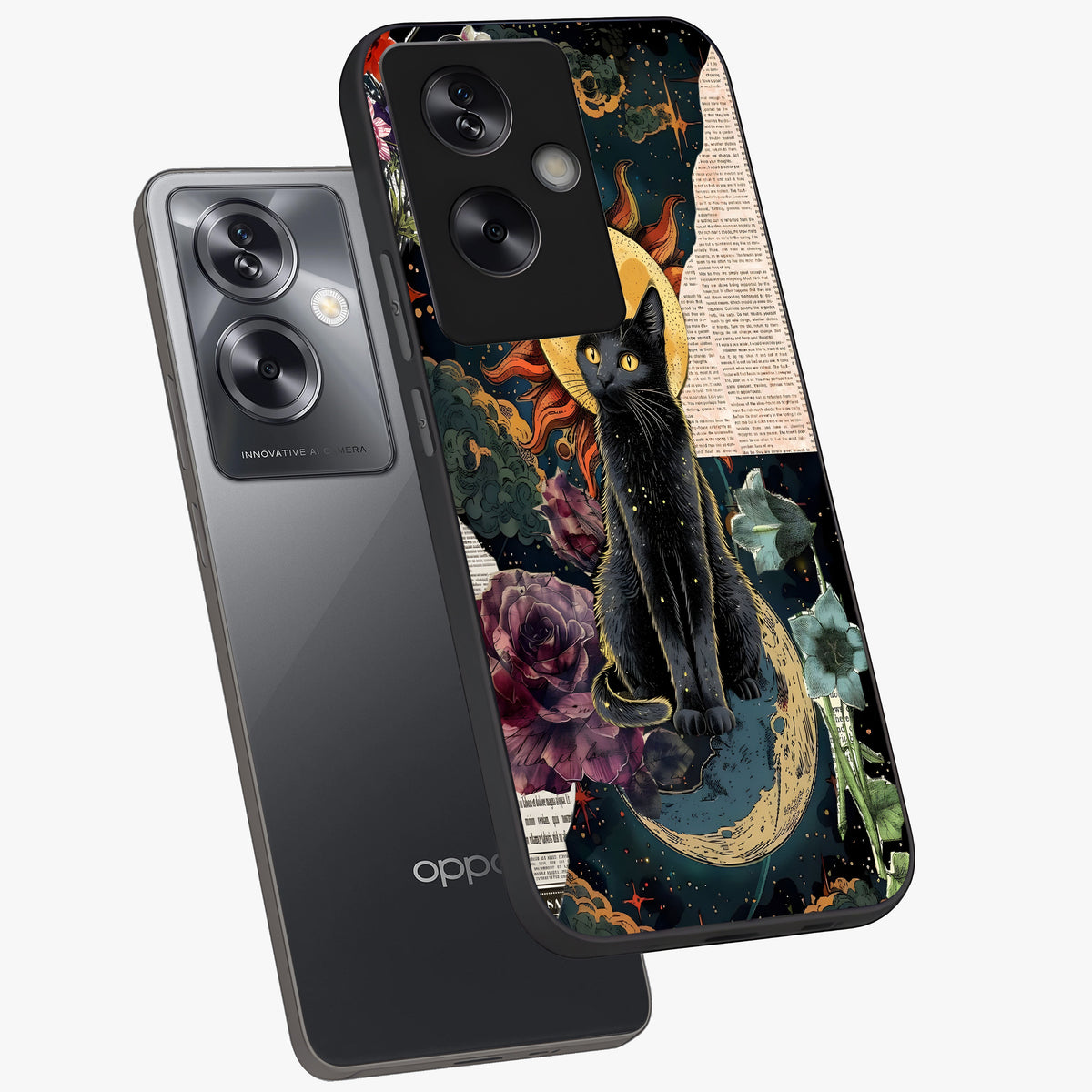 Celestial Black Cat Glass Case displayed in angled mockup highlighting cosmic black cat design with celestial aesthetic.