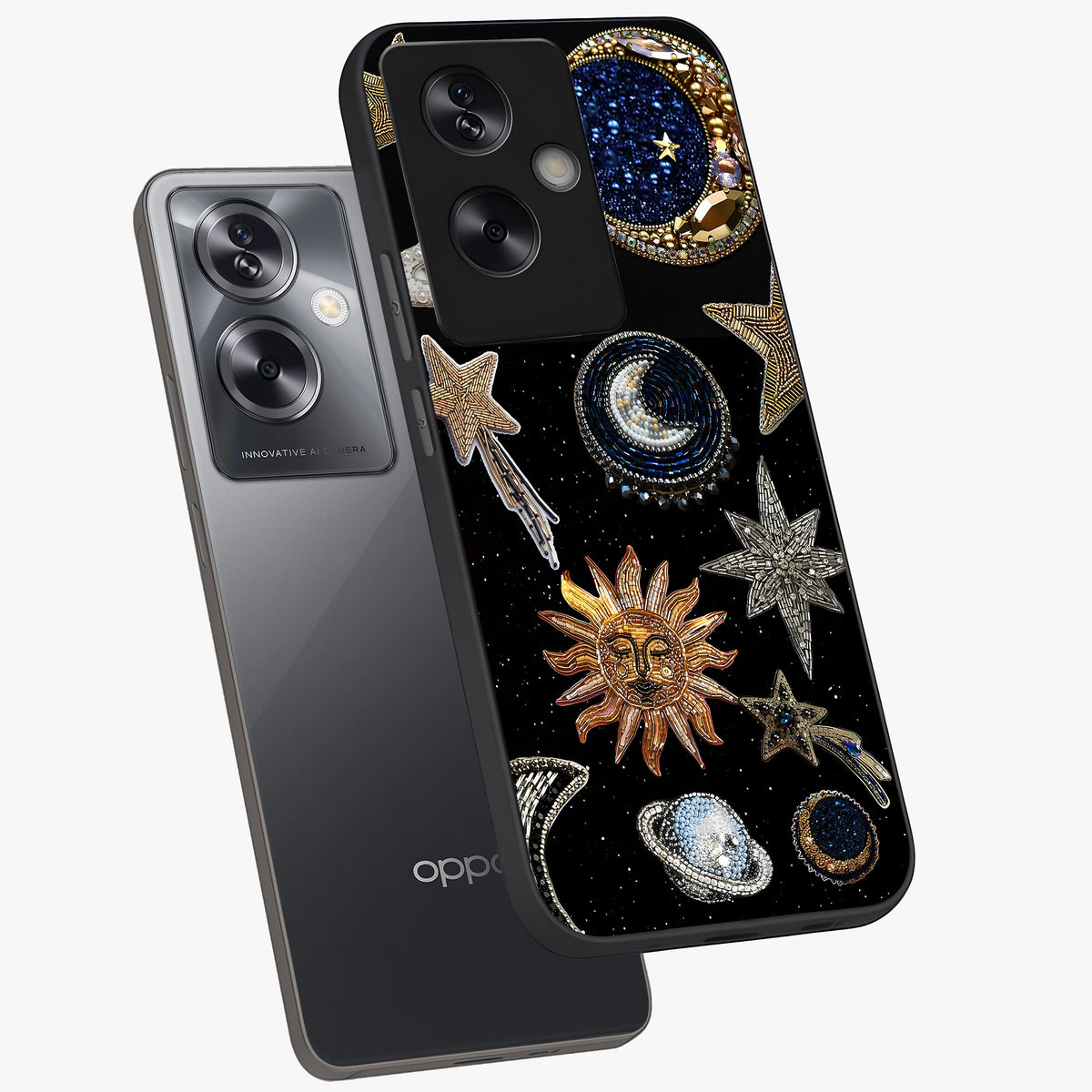 Celestial Gem Constellations Glass Case displayed in angled mockup highlighting gemstone inspired constellation design.
