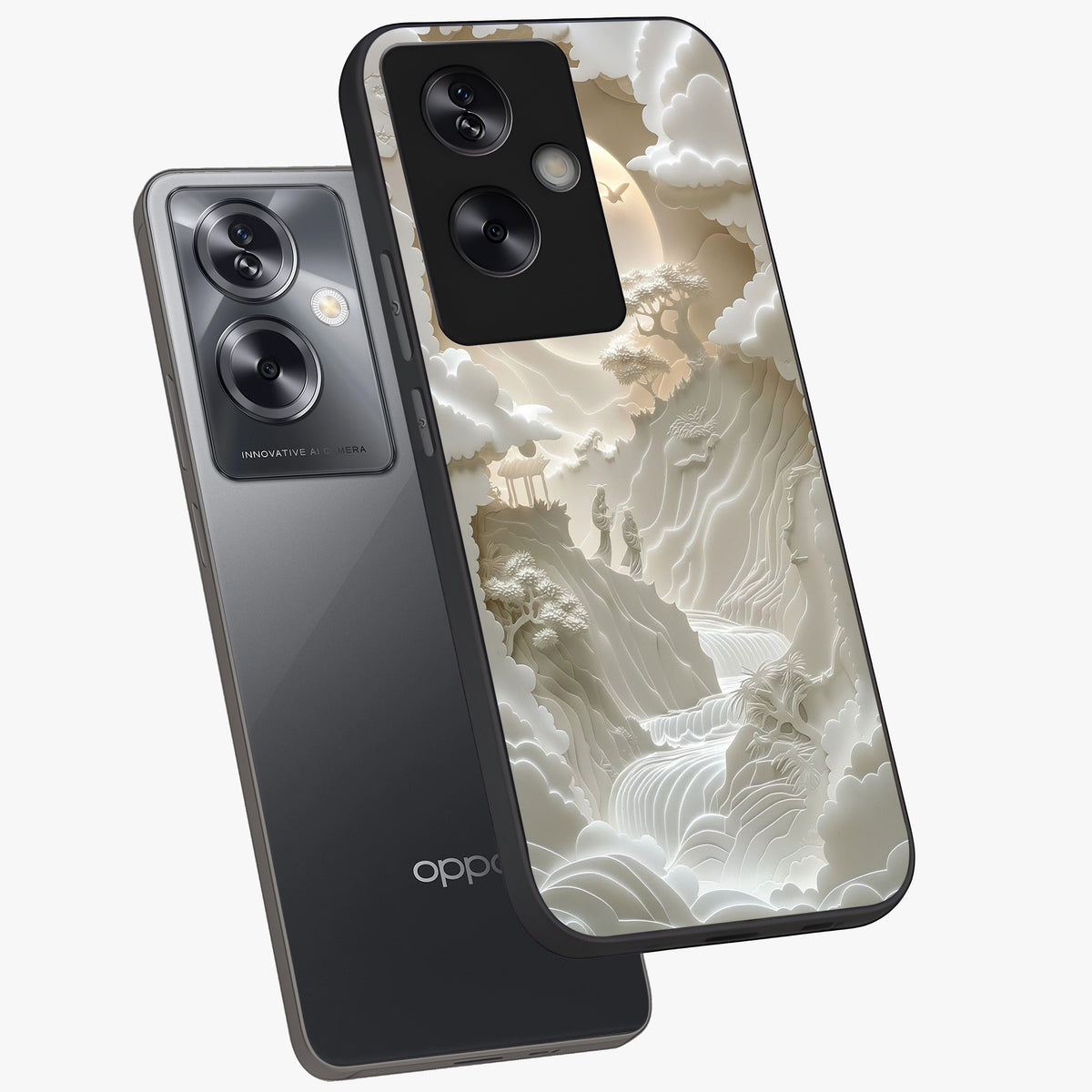 Celestial Origami Glass Case displayed in angled mockup highlighting geometric origami design with cosmic aesthetic theme.