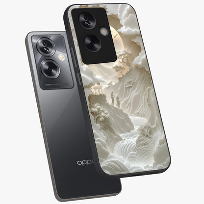 Celestial Origami Glass Case displayed in angled mockup highlighting geometric origami design with cosmic aesthetic theme.
