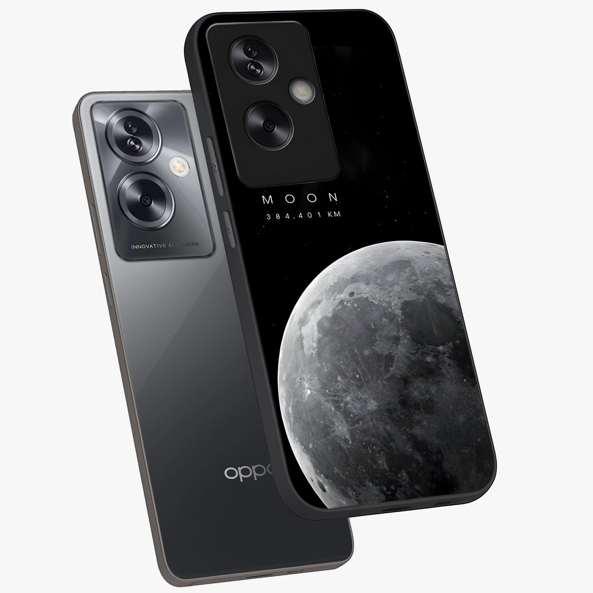 Cosmic Moon Glow Glass Case displayed in angled mockup highlighting celestial moon design with cosmic aesthetic theme.