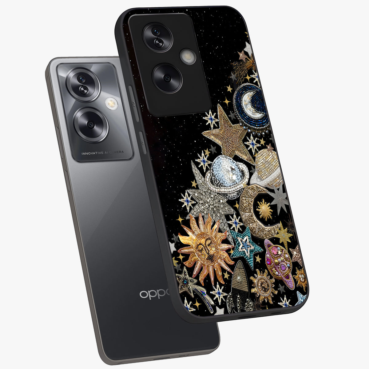 Cosmic Sparkle Dreams Glass Case displayed in angled mockup highlighting dreamy star sparkle design with celestial aesthetic.