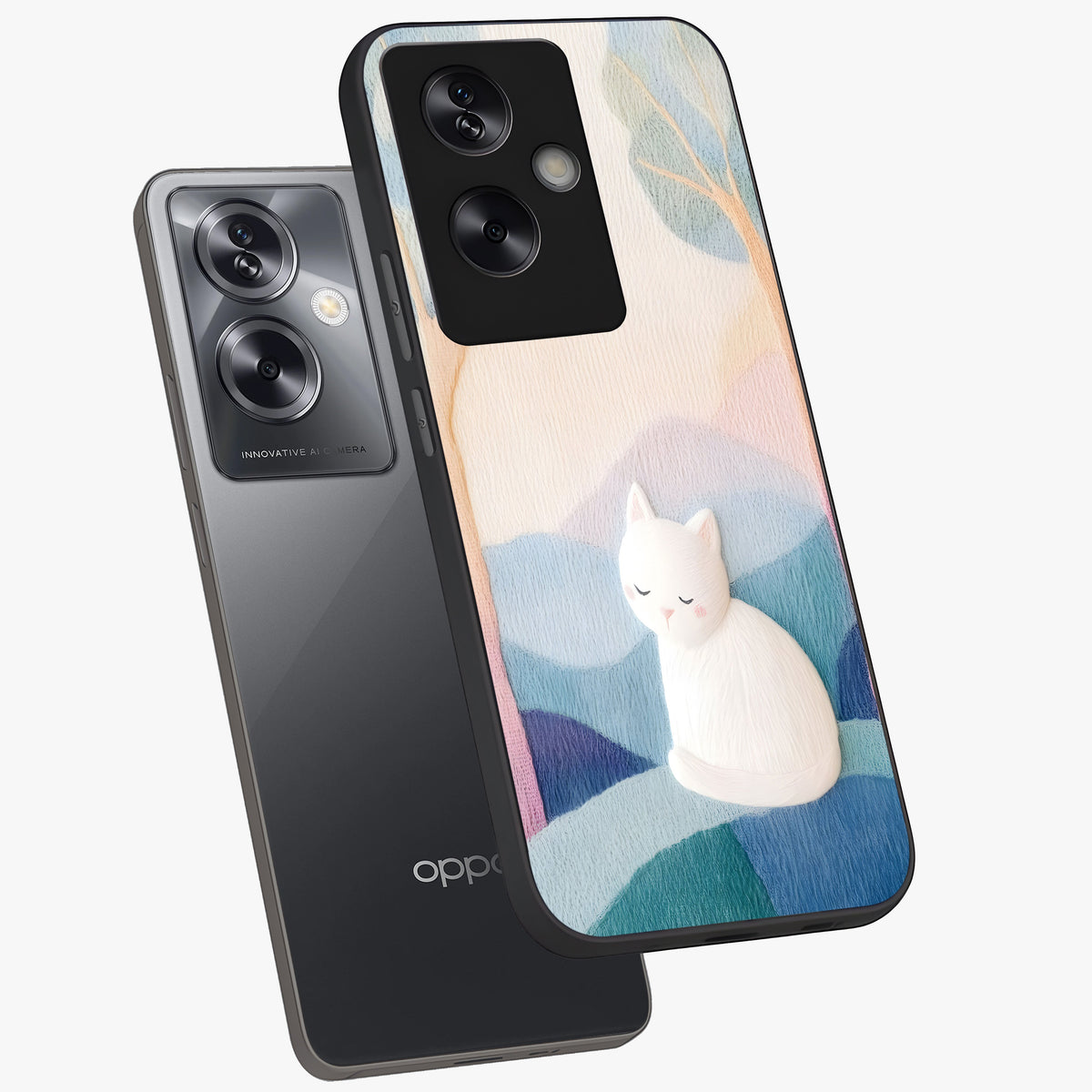 Cotton Dream Cat Glass Case displayed in angled mockup highlighting cute feline illustration with pastel aesthetic style.