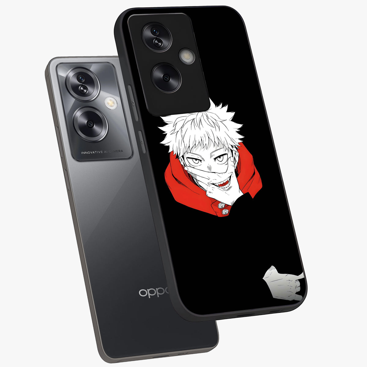 Crimson Chaos Smile Glass Case displayed in angled mockup highlighting edgy crimson smile design with graphic aesthetic.