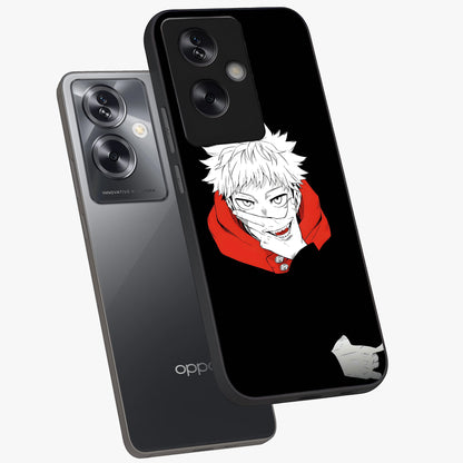 Crimson Chaos Smile Glass Case displayed in angled mockup highlighting edgy crimson smile design with graphic aesthetic.