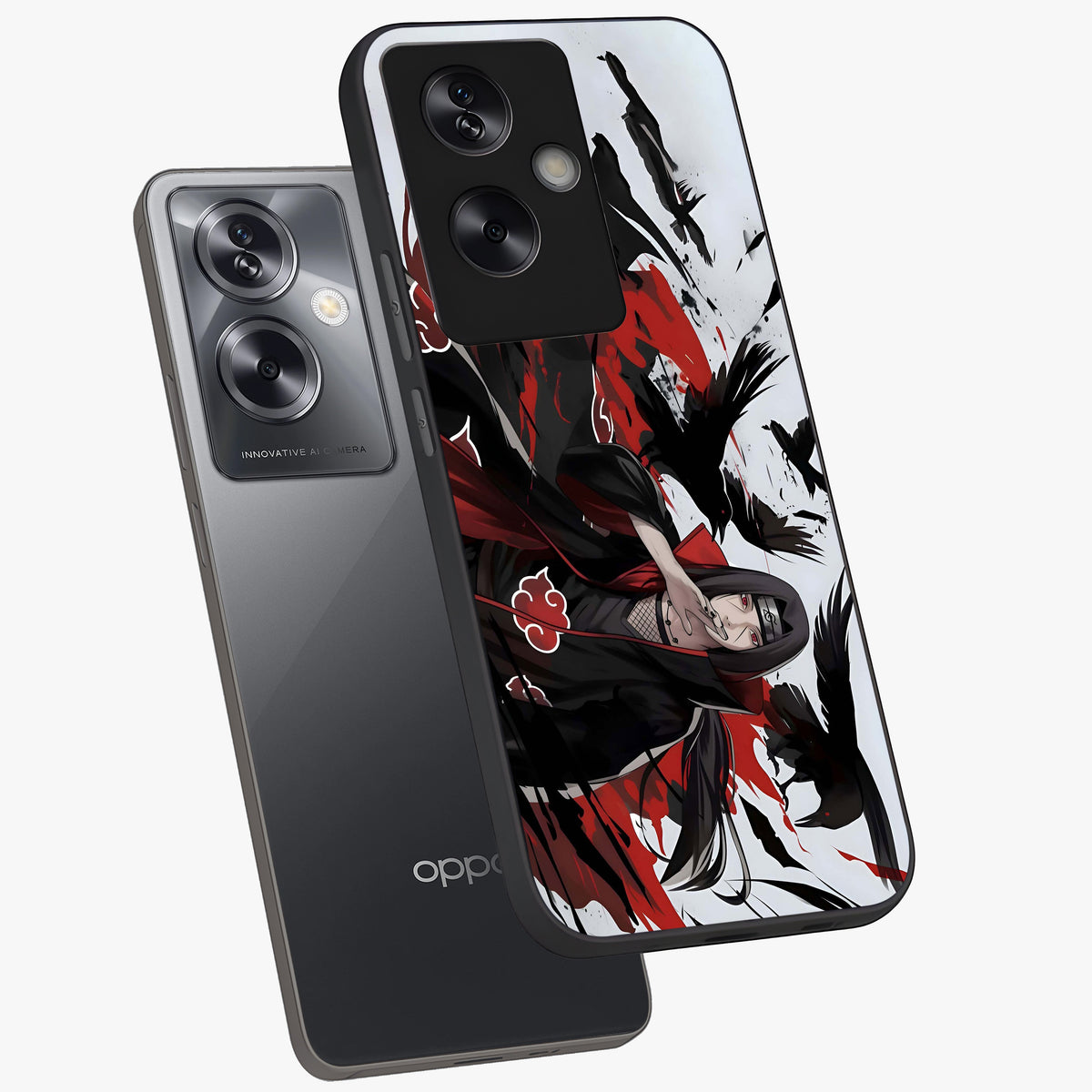 Crimson Crow Illusion Glass Case displayed in angled mockup highlighting mysterious crow graphic with dark aesthetic style.