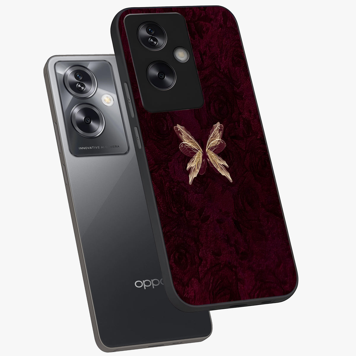 Crimson Fade Butterfly Glass Case displayed in angled mockup highlighting elegant butterfly design with crimson gradient aesthetic.