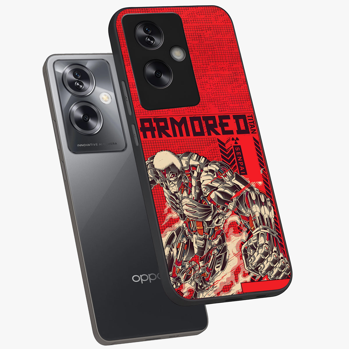 Crimson Mecha Titan Glass Case displayed in angled mockup highlighting futuristic mech illustration with bold crimson aesthetic.