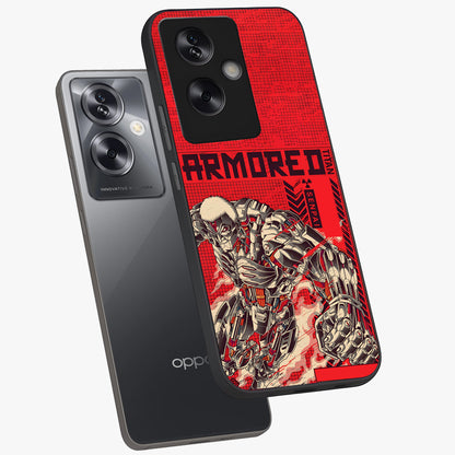 Crimson Mecha Titan Glass Case displayed in angled mockup highlighting futuristic mech illustration with bold crimson aesthetic.