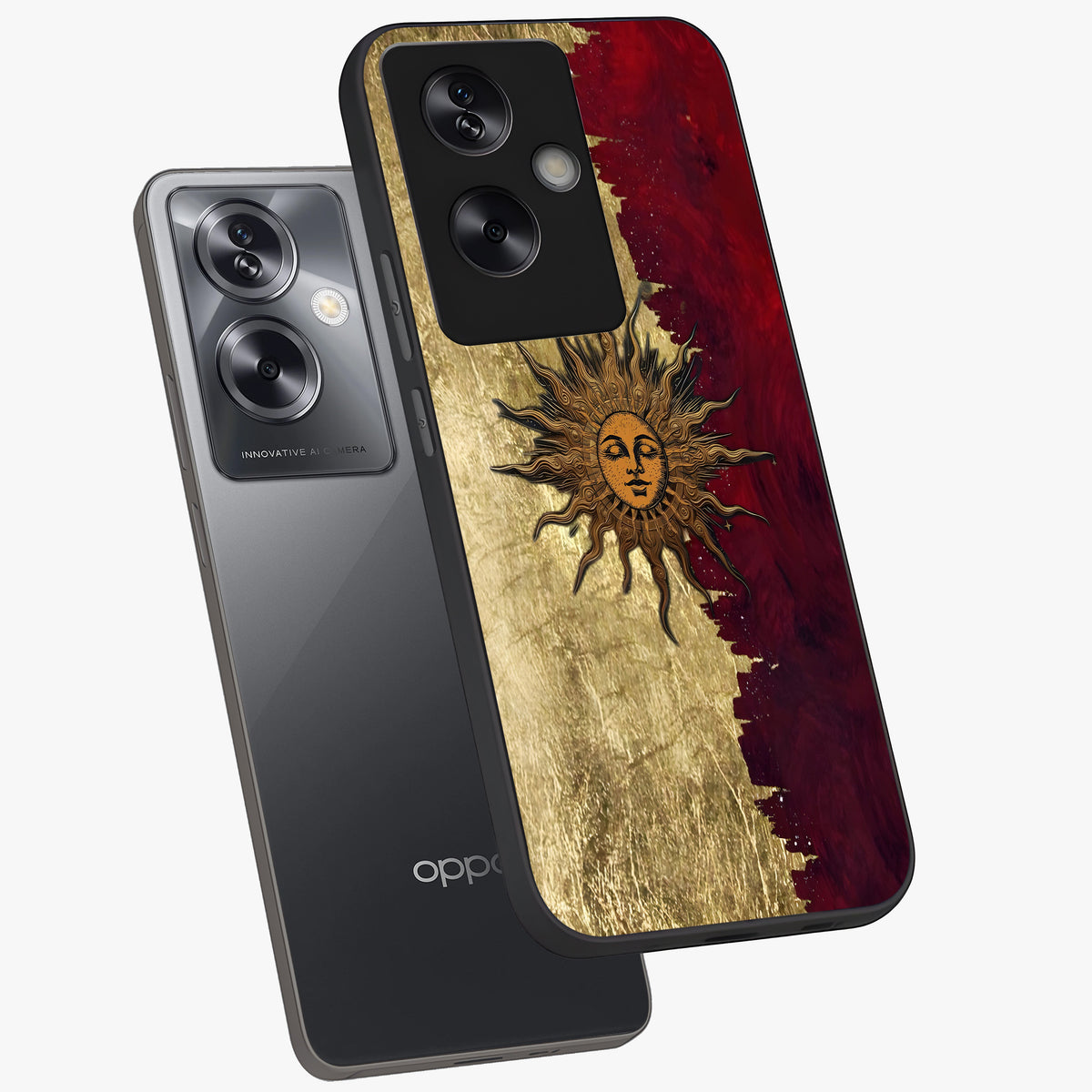 Crimson Sun Majesty Glass Case displayed in angled mockup highlighting majestic crimson sun design with bold aesthetic style.