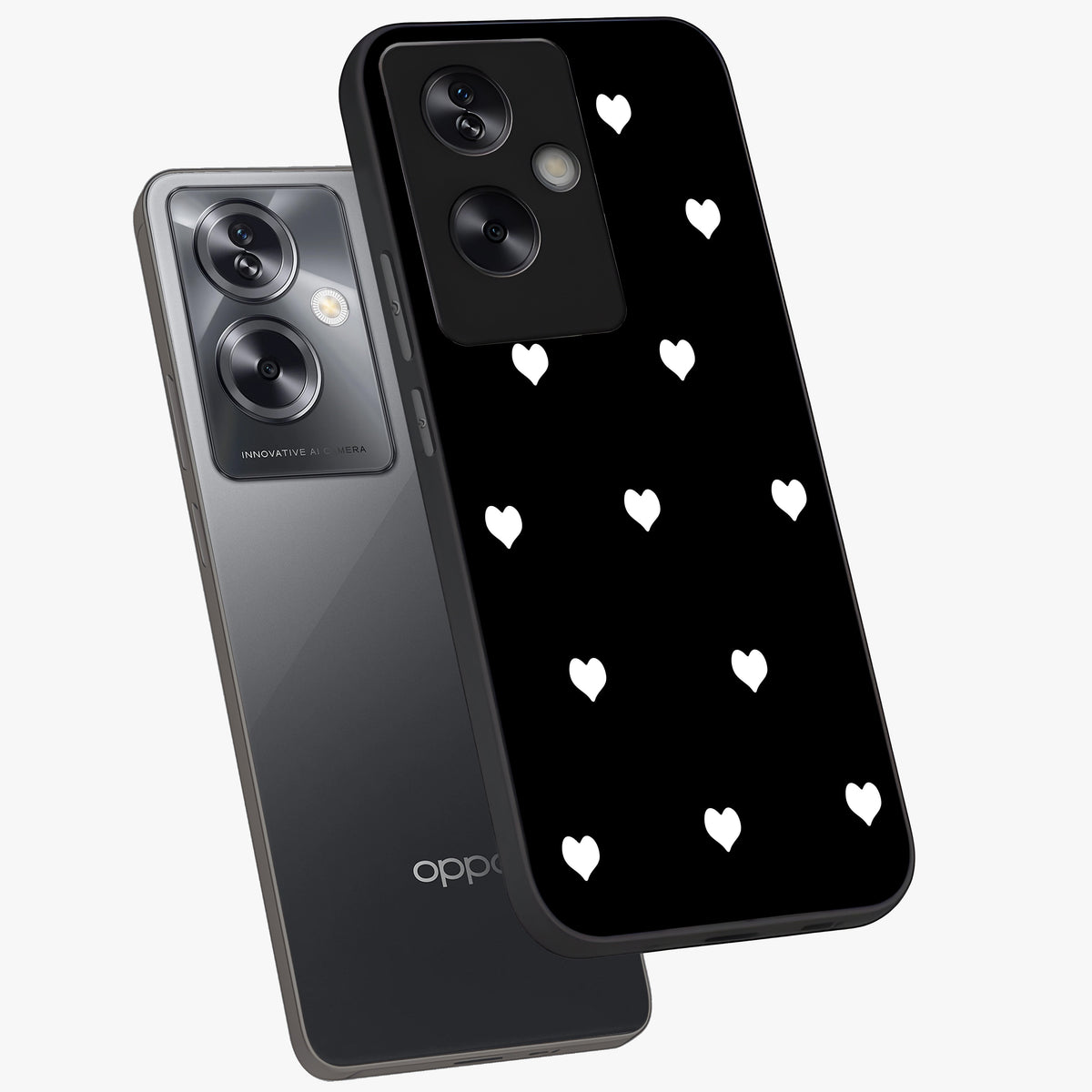 Cute And Simple White Hearts Glass Case displayed in angled mockup highlighting cute heart design with clean aesthetic style.