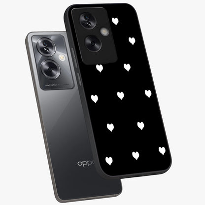 Cute And Simple White Hearts Glass Case displayed in angled mockup highlighting cute heart design with clean aesthetic style.
