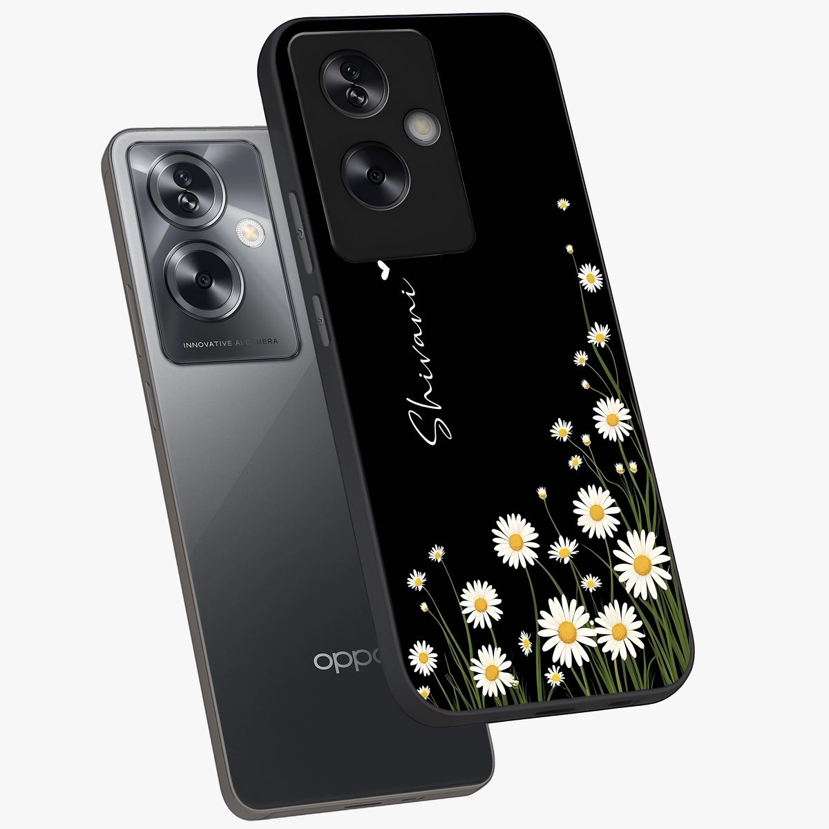 Daisy Cascade Custom Name Glass Case displayed in angled mockup highlighting delicate daisy artwork with custom name feature.