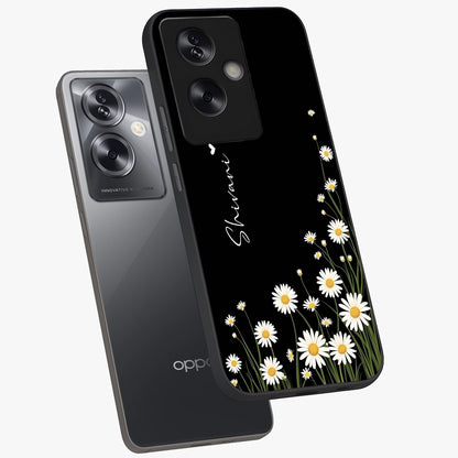 Daisy Cascade Custom Name Glass Case displayed in angled mockup highlighting delicate daisy artwork with custom name feature.