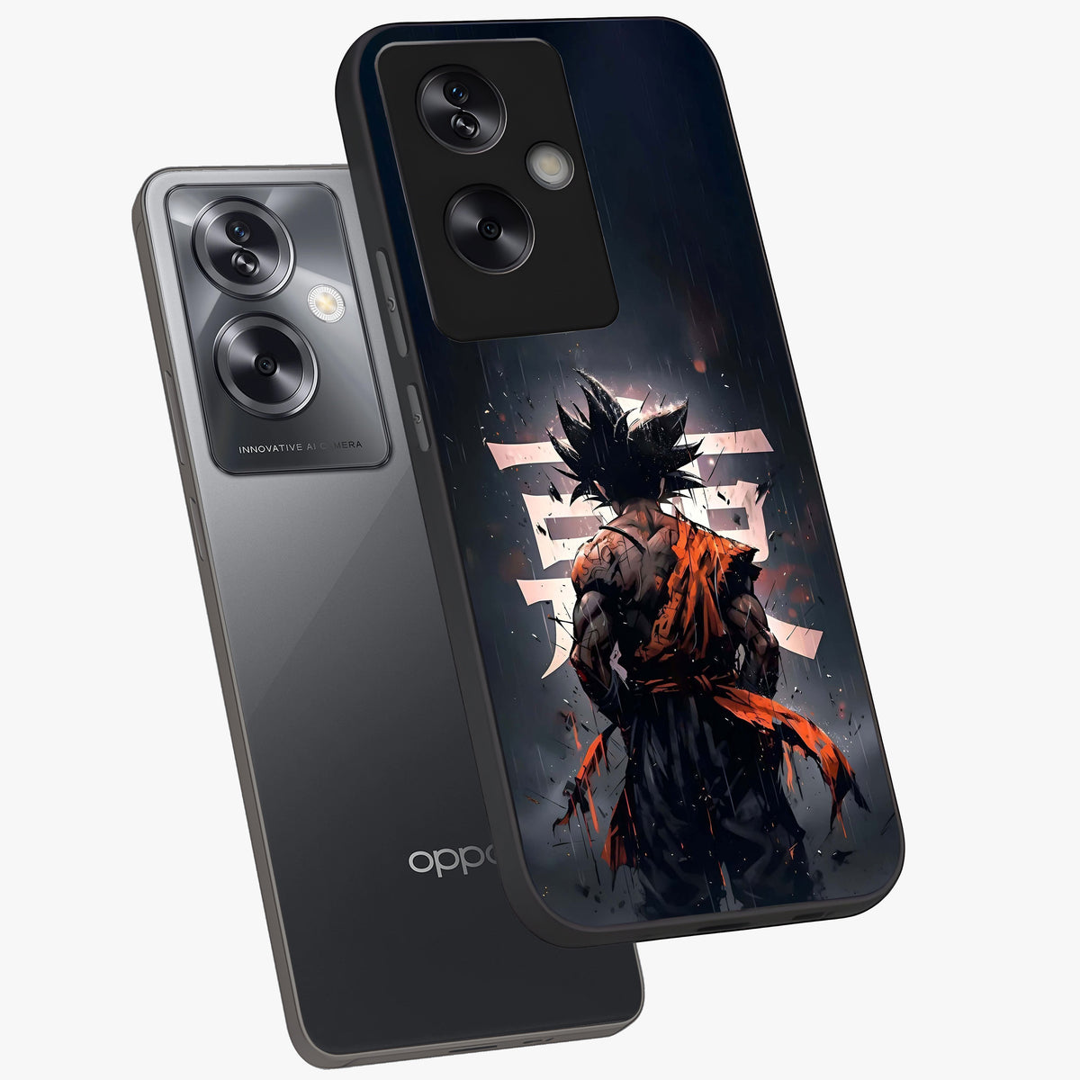 Dark Warrior In Rain Glass Case displayed in angled mockup highlighting dramatic warrior illustration with dark rain aesthetic.