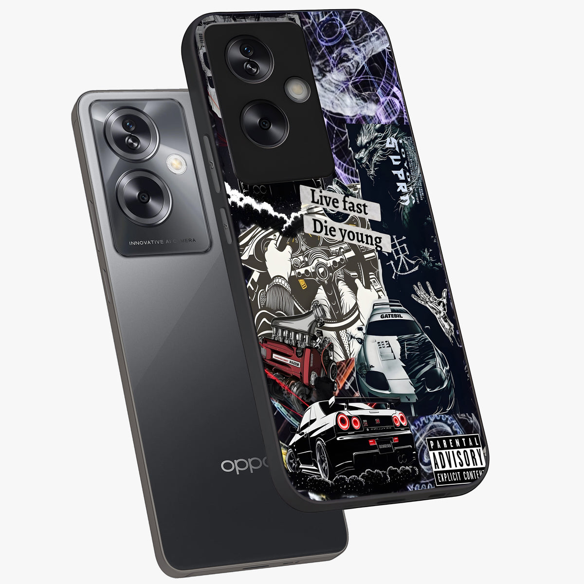 Die Young Glass Case displayed in angled mockup highlighting expressive graphic artwork with edgy aesthetic style.