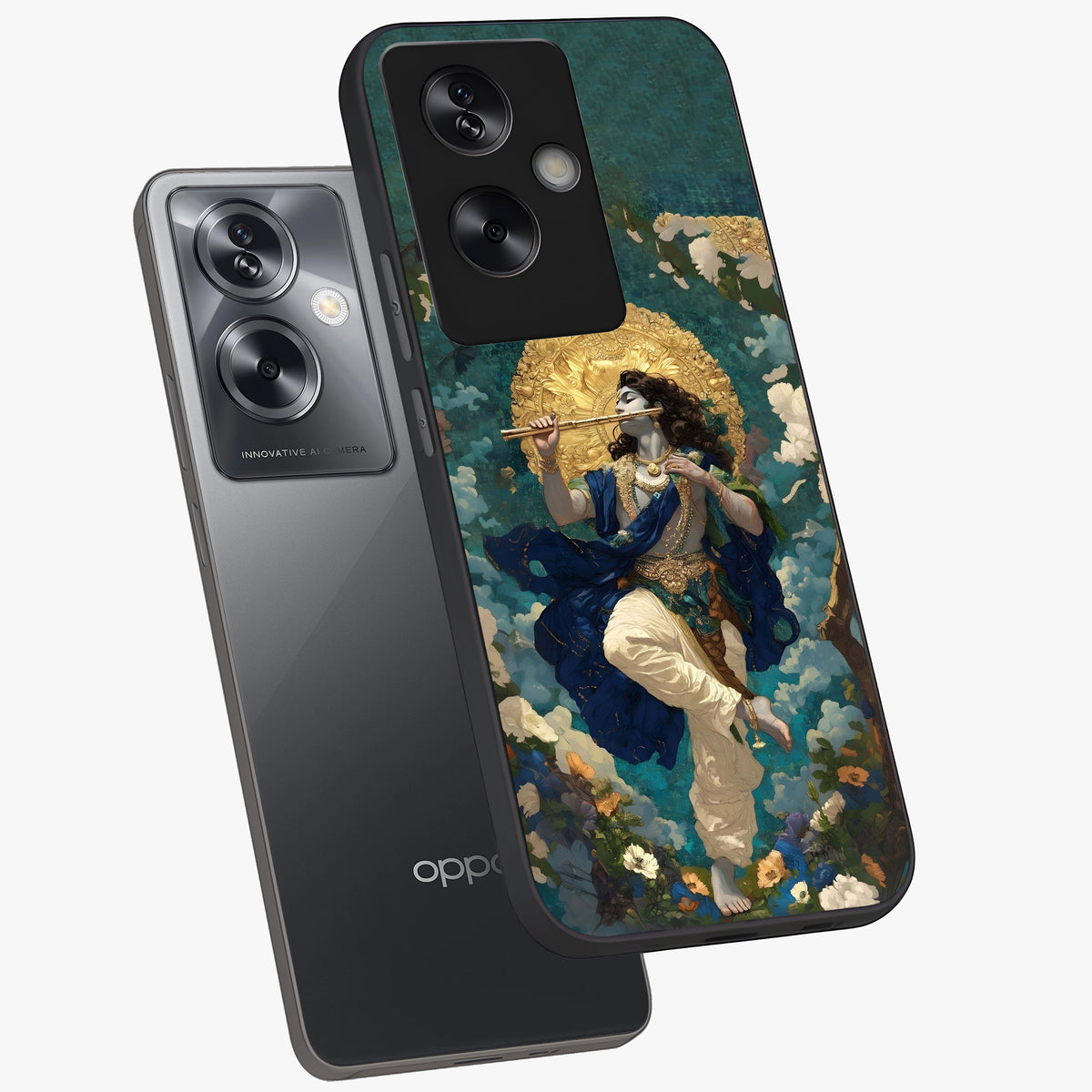 Divine Krishna Art Glass Case displayed in angled mockup highlighting spiritual Krishna illustration with devotional aesthetic.