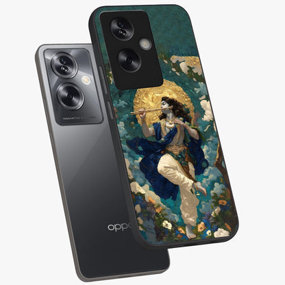 Divine Krishna Art Glass Case displayed in angled mockup highlighting spiritual Krishna illustration with devotional aesthetic.