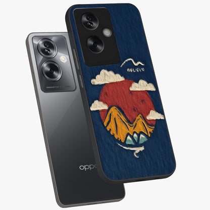 Dream Beyond Mountains Glass Case displayed in angled mockup highlighting dreamy mountain illustration with peaceful aesthetic.