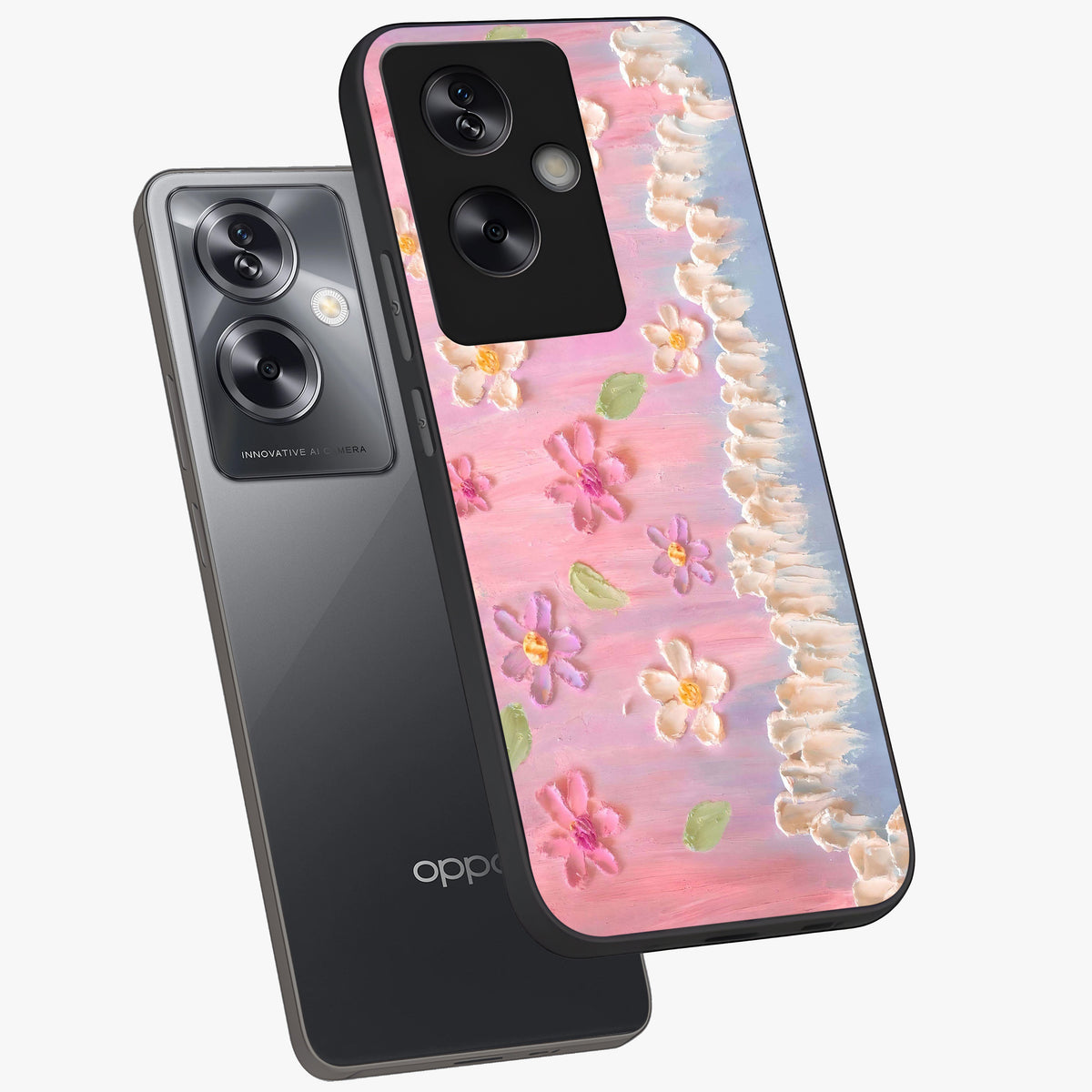 Dreamy Painted Garden Glass Case displayed in angled mockup highlighting colorful garden illustration with dreamy aesthetic style.