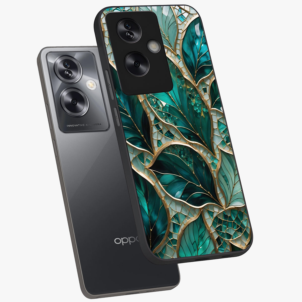Emerald Leaf Glass Glass Case displayed in angled mockup highlighting botanical leaf illustration with elegant natural aesthetic.