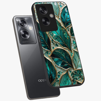 Emerald Leaf Glass Glass Case displayed in angled mockup highlighting botanical leaf illustration with elegant natural aesthetic.