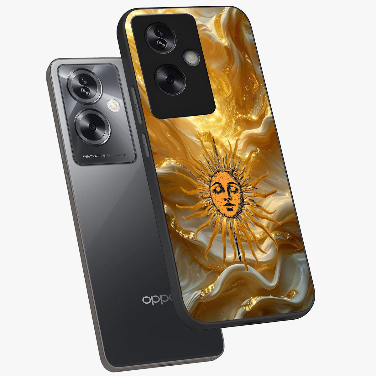 Eternal Golden Glow Glass Case displayed in angled mockup highlighting glowing golden aesthetic design with elegant style.
