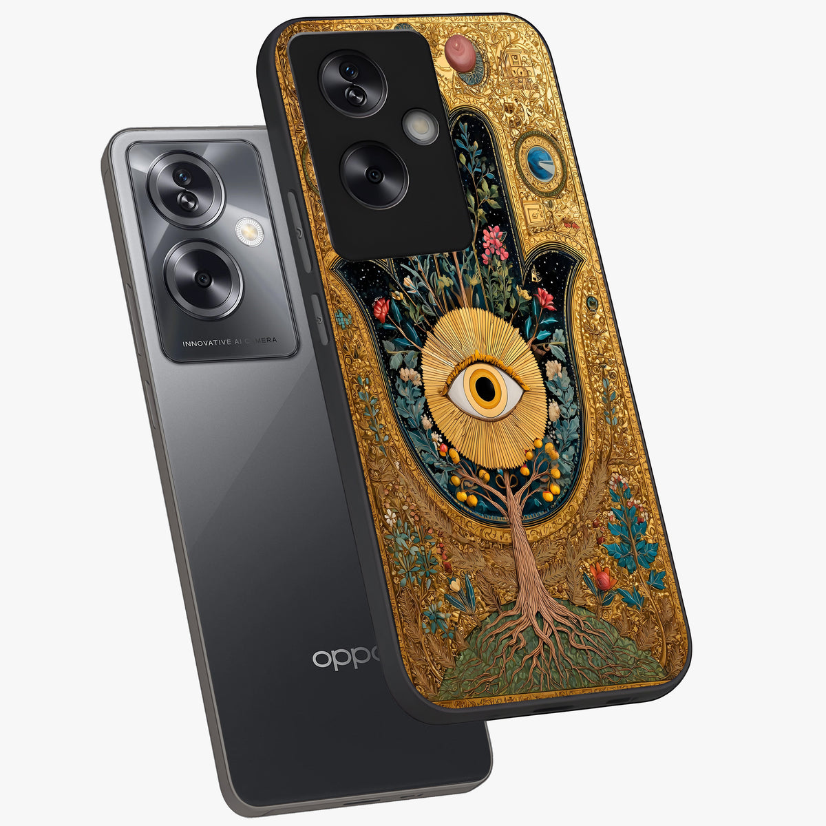 Ethereal Evil Eye Glass Case displayed in angled mockup highlighting protective evil eye symbol with spiritual aesthetic design.