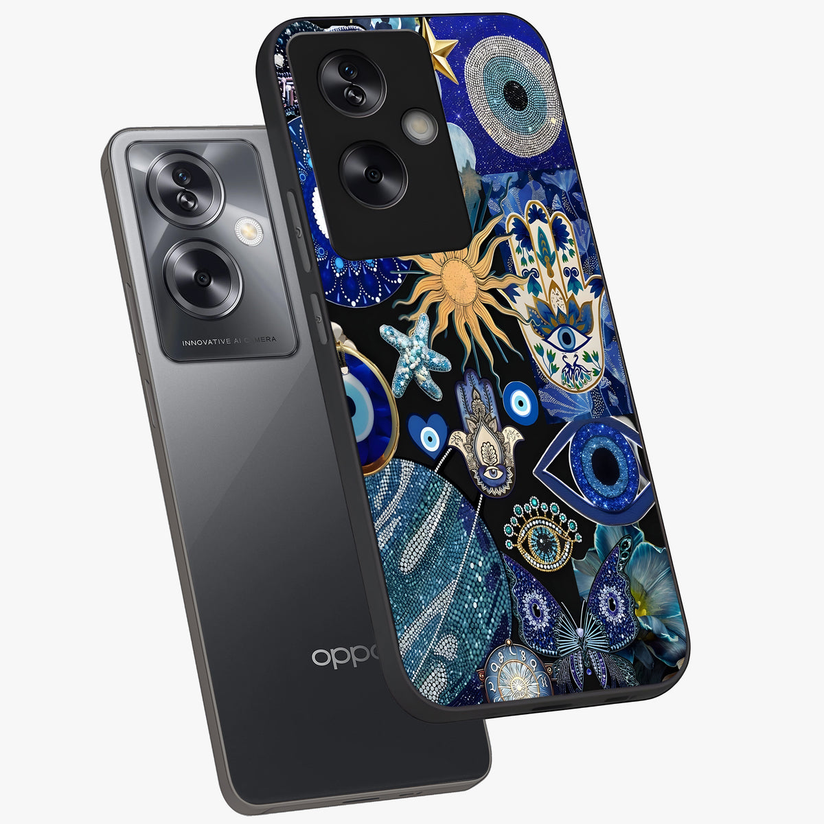 Evil Eye Charm Mix Glass Case displayed in angled mockup highlighting protective evil eye symbols with spiritual aesthetic design.