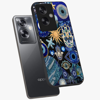 Evil Eye Charm Mix Glass Case displayed in angled mockup highlighting protective evil eye symbols with spiritual aesthetic design.
