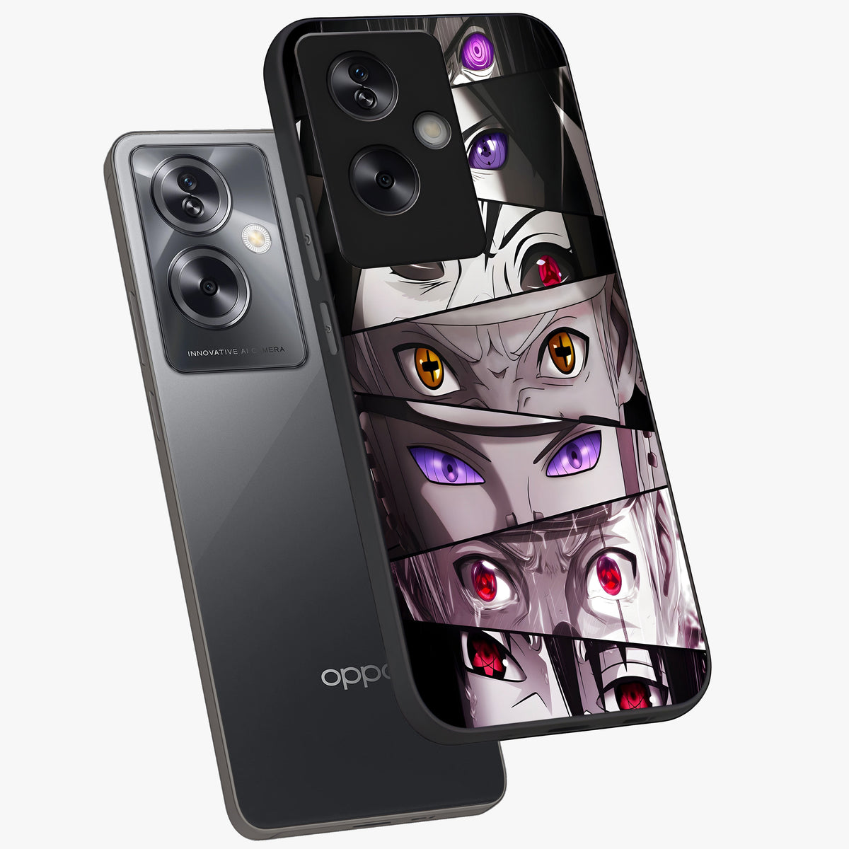 Eyes of Destiny Glass Case displayed in angled mockup highlighting bold eye illustration with mystical aesthetic style.