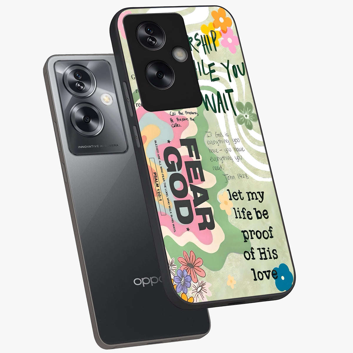 Faith Over Fear Glass Case displayed in angled mockup highlighting inspirational message design with modern aesthetic style.