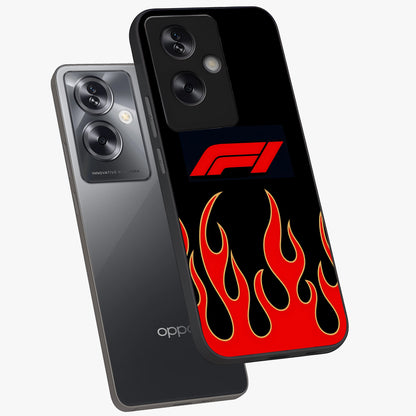 Fire F11 Glass Case displayed in angled mockup highlighting bold fire inspired graphic with energetic aesthetic style.