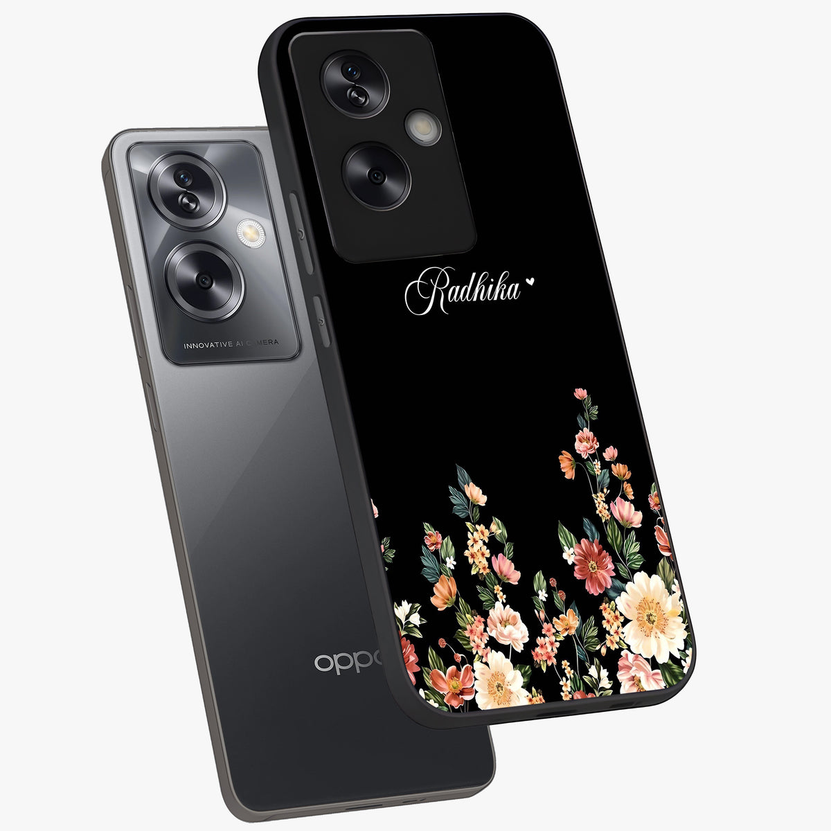 Floral Design With a Custom Personalized Name Glass Case displayed in angled mockup highlighting elegant floral pattern with custom name feature.