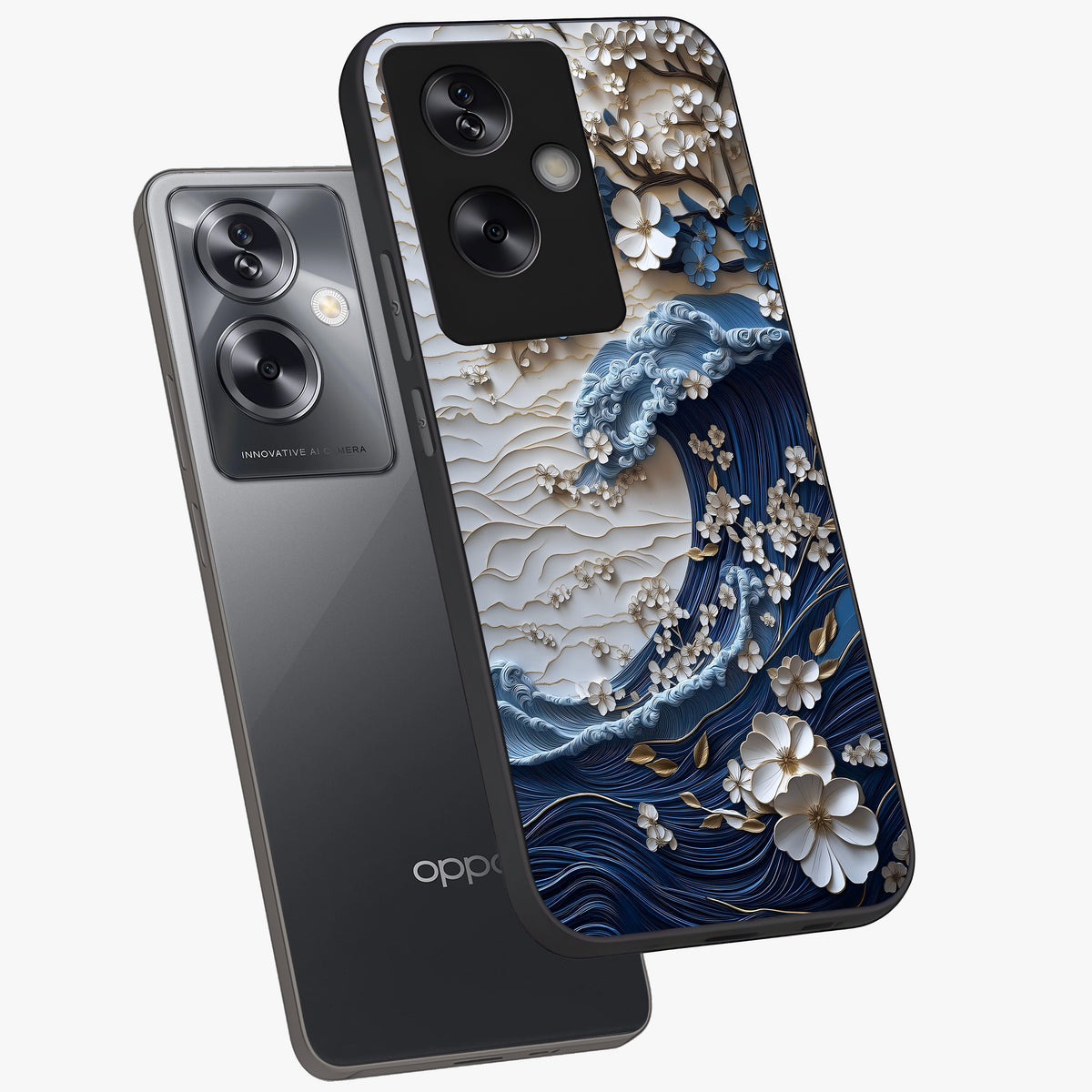 Floral Wave Origami Glass Case displayed in angled mockup highlighting geometric origami flower design with modern aesthetic style.