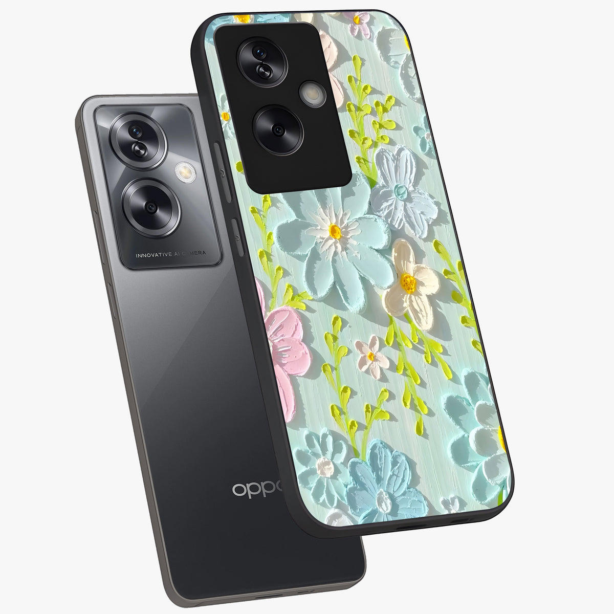 Frosted Petal Garden Glass Case displayed in angled mockup highlighting delicate flower petal design with calm garden aesthetic.