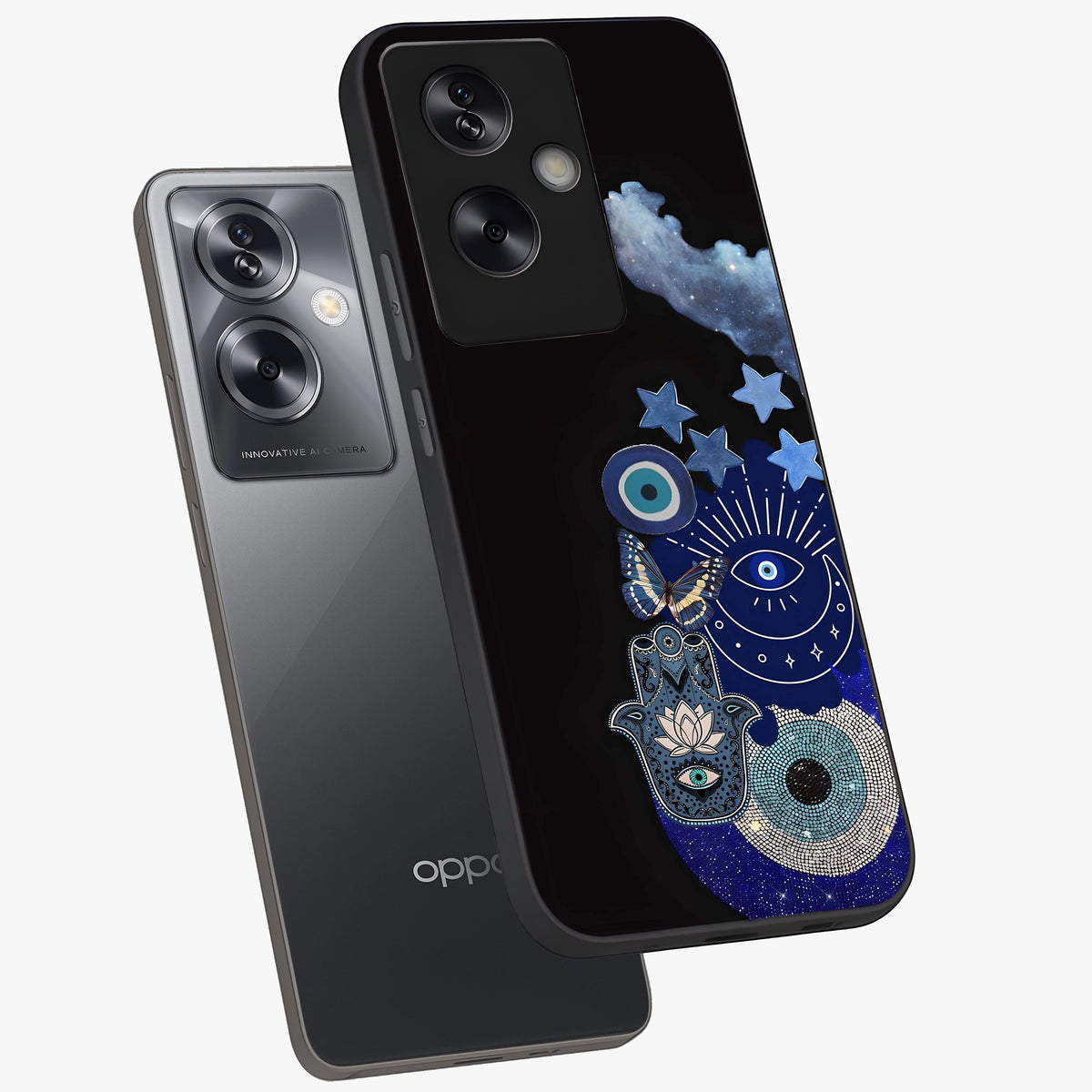 Galactic Charm Cluster Glass Case displayed in angled mockup highlighting luminous galaxy inspired design with dreamy aesthetic.