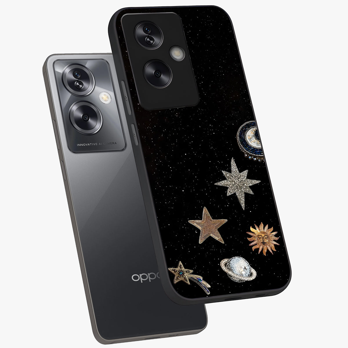 Galactic Charm Glow Glass Case displayed in angled mockup highlighting luminous galaxy inspired design with dreamy aesthetic.