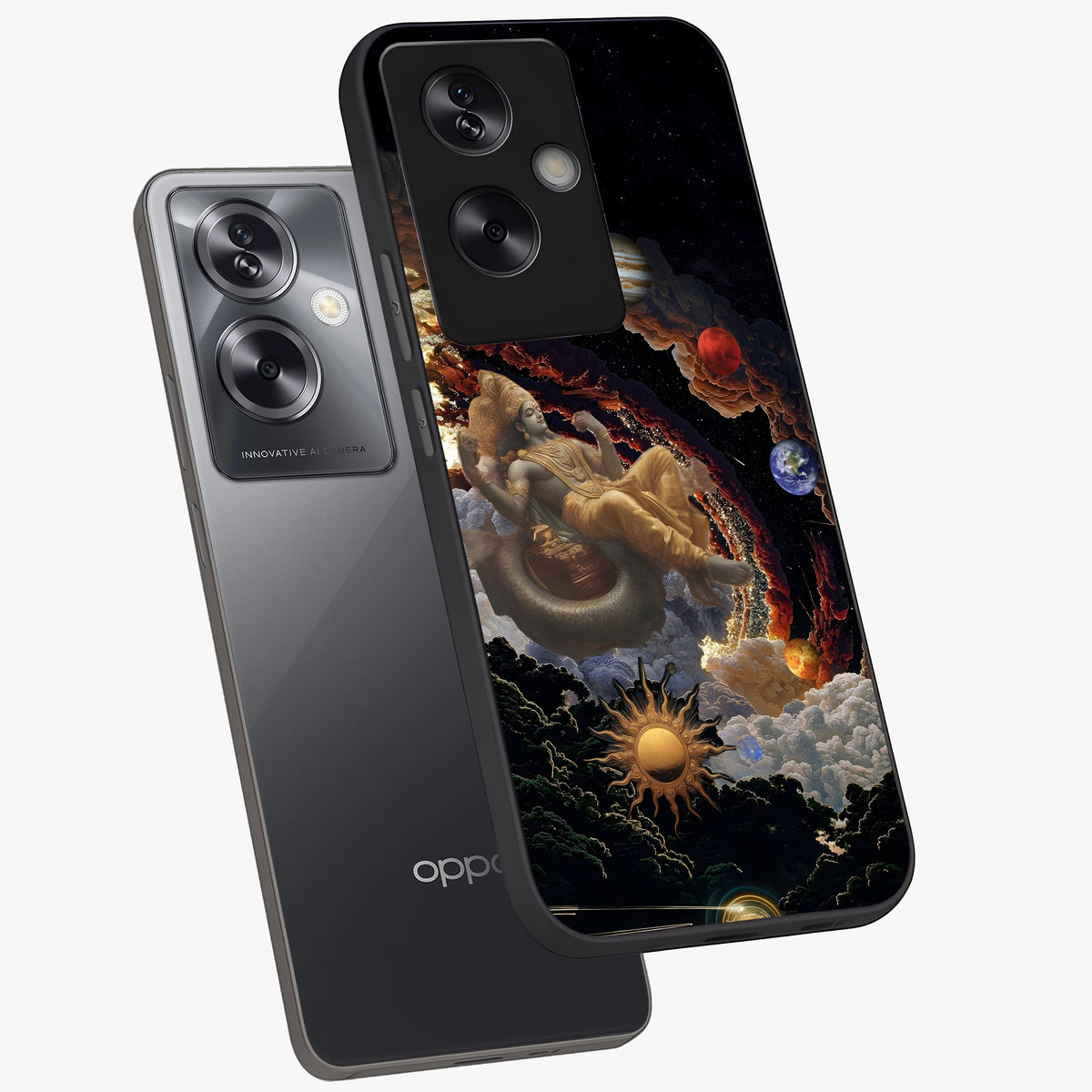 Galactic Divine God Glass Case displayed in angled mockup highlighting powerful celestial deity illustration with galactic aesthetic.