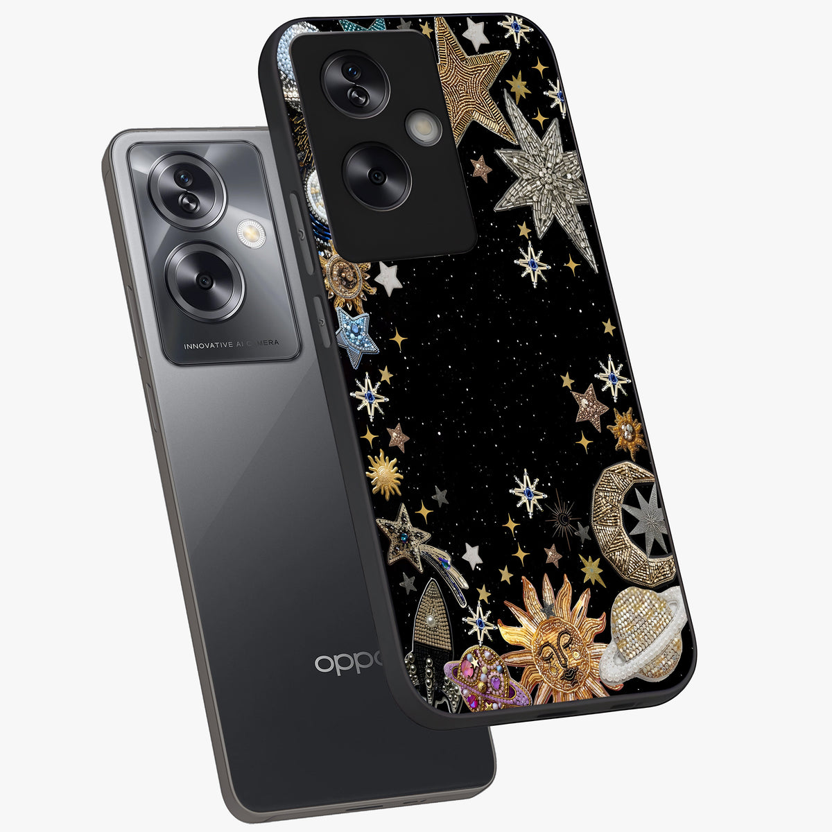 Galactic Jewel Stars Glass Case displayed in angled mockup highlighting shining celestial star design with cosmic aesthetic style.