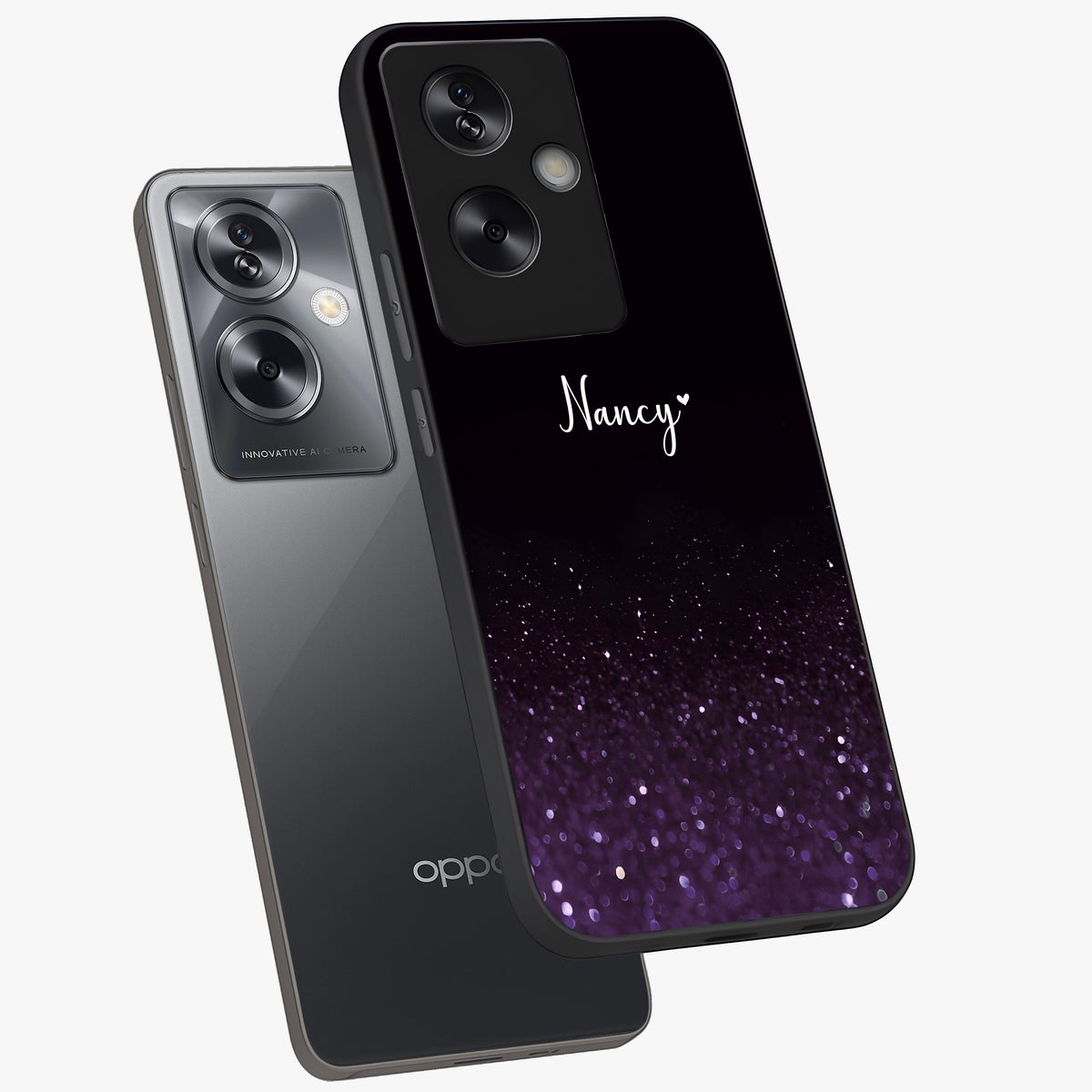 Glittery Purple Bokeh Custom Name Glass Case displayed in angled mockup highlighting glitter bokeh pattern with custom name feature.