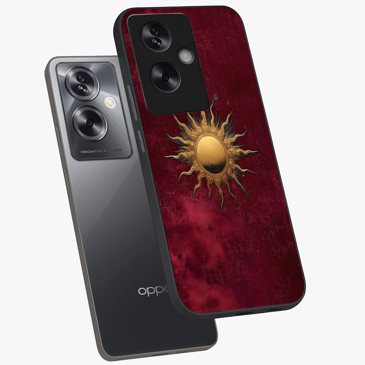 Golden Sun Minimalism Glass Case displayed in angled mockup highlighting clean sun symbol design with modern minimal aesthetic.