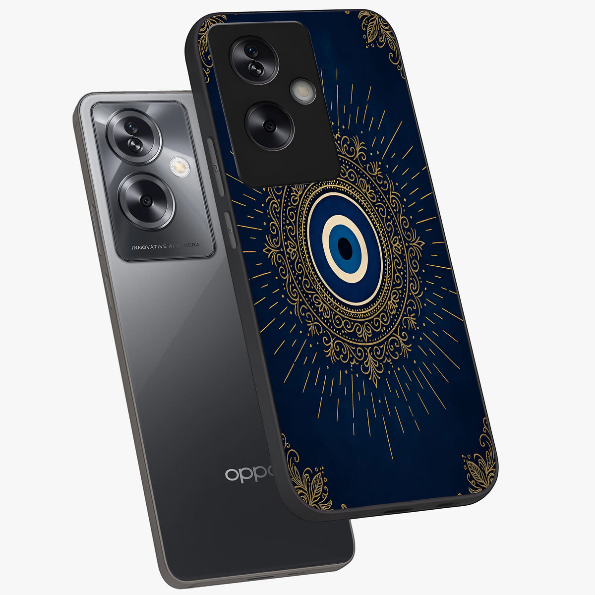 Golden Celestial Charm Glass Case displayed in angled mockup highlighting sparkling cosmic charm design with celestial aesthetic.