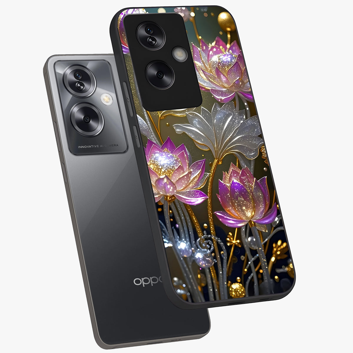 Golden Floral Majesty Glass Case displayed in angled mockup highlighting elegant flower design with royal golden aesthetic.