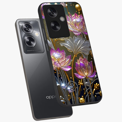 Golden Floral Majesty Glass Case displayed in angled mockup highlighting elegant flower design with royal golden aesthetic.