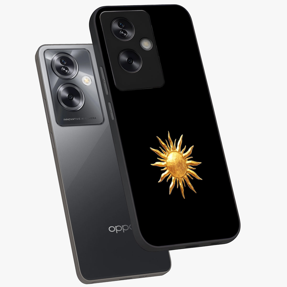 Golden Sun Minimalism Glass Case displayed in angled mockup highlighting eerie shadow illustration with gothic aesthetic.