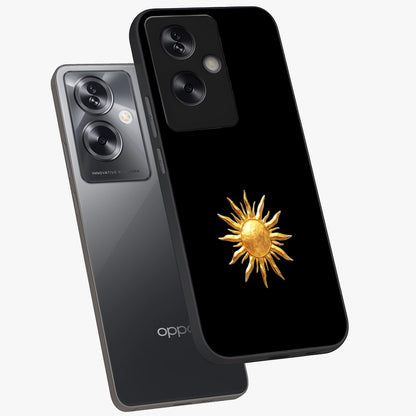 Golden Sun Minimalism Glass Case displayed in angled mockup highlighting eerie shadow illustration with gothic aesthetic.