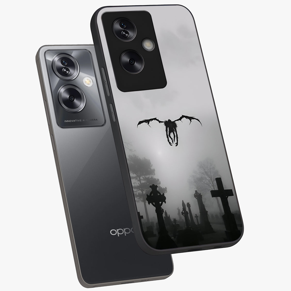Graveyard Shadow Descent Glass Case displayed in angled mockup highlighting eerie shadow illustration with gothic aesthetic.