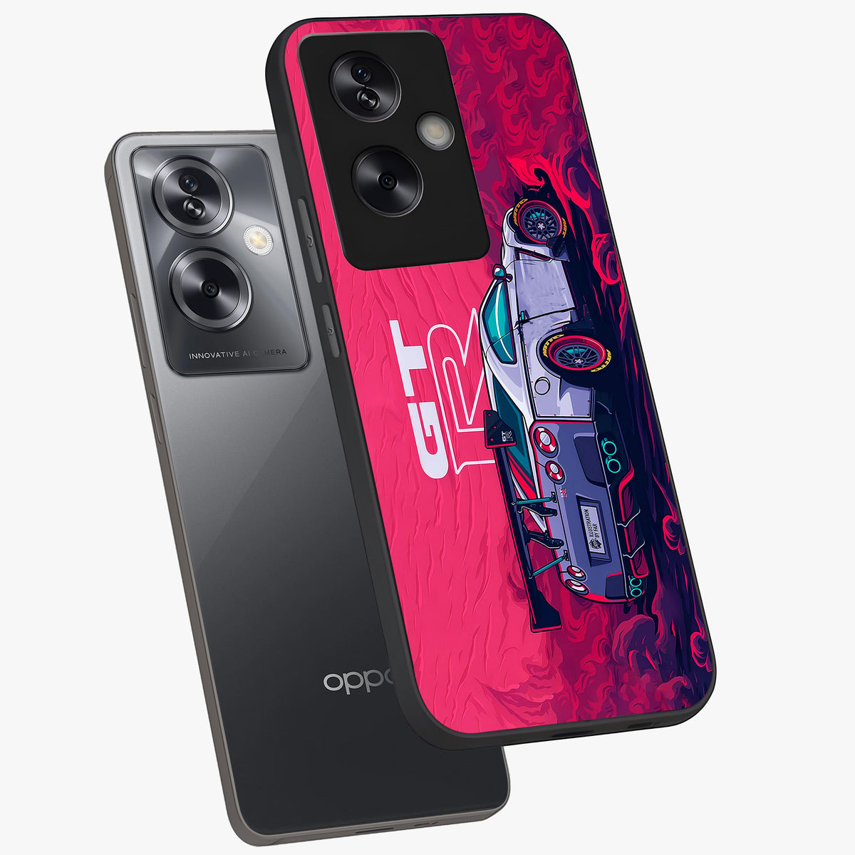 GT-R Car Pattern Glass Case displayed in angled mockup highlighting racing car graphic design with bold automotive aesthetic.